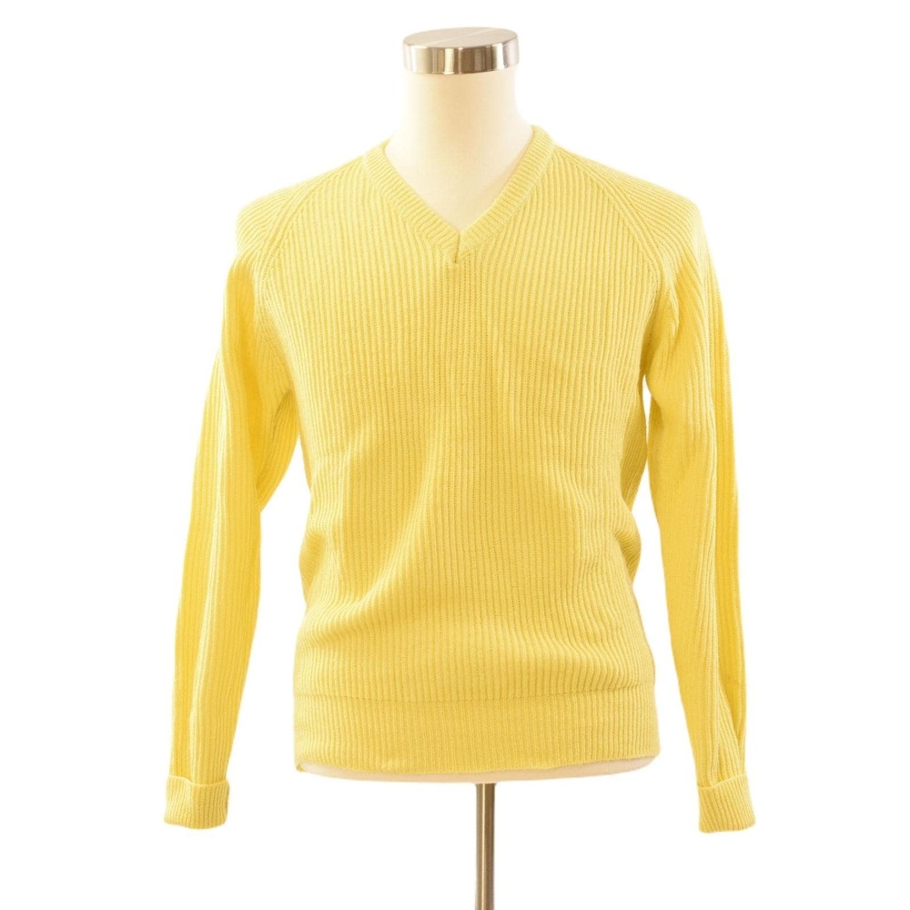 70s Vintage Mens Yellow Sweater Rib Knit V Neck Pullover Size M Thick Colorful